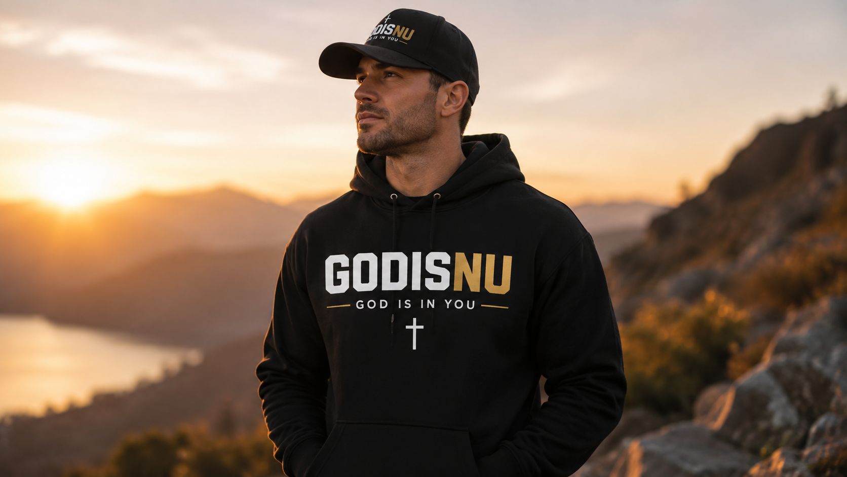 Man wearing a black GODISNU hoodie and cap gazing at a golden mountain sunset